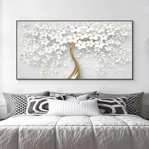 Peinture fleurs blanches sur toile grand format avec cadre noir salon 55x110cm