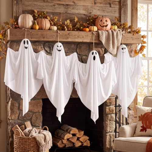 Image of JOYIN 4 Pcs Halloween Party Decoration 27.5 inch Hanging Ghosts, Cute Flying Ghost for Front Yard Halloween Decorations Outdoor Party Decor and Holiday Decoration
