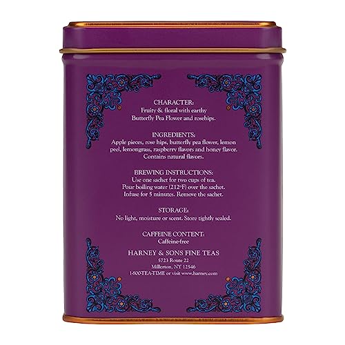 Image of Harney & Sons Indigo Punch Butterfly Pea Flower Herbal Tea, 20 Sachets | Butterfly pea flower herbal tea with raspberry, lemon, apple and honey flavors. Naturally caffeine free.