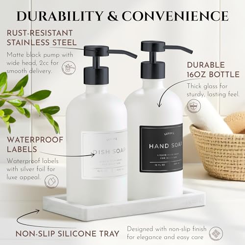 Glass Soap Dispenser Set of 2 (White) with Silicone Tray | Hand and Dish Soap Dispenser for Kitchen and Bathroom | 16.8 Oz Glass Bottles with Stainless Steel Pump & 15 Waterproof Labels (White/Black) - image 6