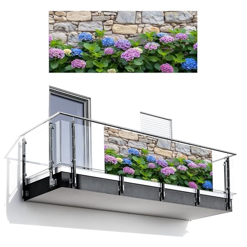 MuchoWow© Balkongeländer Sichtschutz Einseitig 130x300 cm Groß PVC Garten Windschutz Seitlich ohne Bohren Wetterfest Zaunsichtschutz Terrasse Balkon Abdeckung Blumen - Steinoptik - Bunt