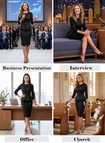 Image of VFSHOW Womens Pleated Crew Neck Peplum Slim Work Business Bodycon Dress | 3 /4 Sleeves, Professional Elegant Church, Funeral, Spring Fall, Fitted Office Pencil Sheath Dress