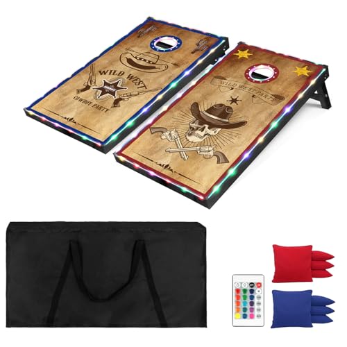 LED Cornhole Board Set, 3x2 ft, 3'x2' Cornhole Boards Game Set, Corn Hole Outdoor Game, Western Theme with Light-Up Border, 8 Bean Bags, Remote Control, Carrying Case for Backyard, Beach, Lawn
