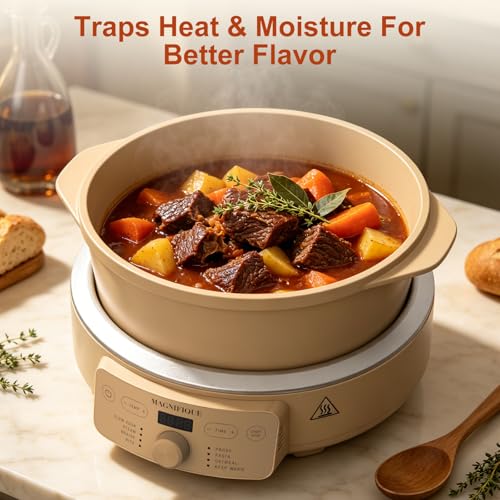 Image of MAGNIFIQUE Slow Cooker, 4.5 Quart 8-in-1 Clay Pot Multi-Cooker, Non-Toxic Slow Cooker with Removable Clay Pot, for Rice, Pasta, Steam & Proof, Nonstick, Oven Safe Pot to 500F, Brown