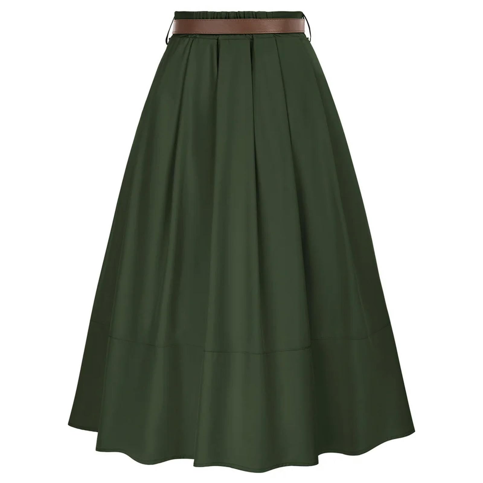 Gonna Midi con Tasche da Donna, Gonna Elasticizzata con Orlo a Pieghe a Vita Alta con Cintura, Elegante da Donna-Army Green-XL