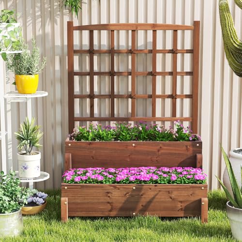 Toolsempire 2-Tier Raised Garden Bed with Trellis, Wooden Elevated Planter Box with Legs, Hemp Rope & Drainage Holes, Raised Plant Bed for Backyard, Garden, Lawn