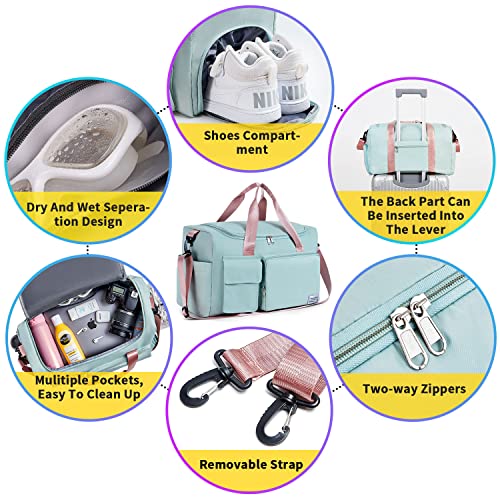 Fioretto Womens Mens Sports Gym Bag Duffle Bag With Shoes Compartment, Weekend Travel Bag Overnight Bag For Women, Foldable Water Resistant Holdall Hospital Bag For Swimming, Basketball (Green&Pink) #TOP3