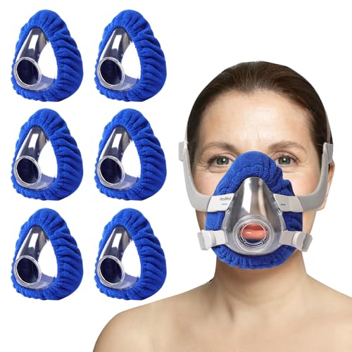 Reusable CPAP Mask Liners Compatible with ResMed AirFit F20 & Full Face Masks - Soft Polar Fleece Covers with Heart-Shaped Cutout - Reduces Air Leaks Red Marks - Washable & Elastic Fit (6 Pack Blue M)