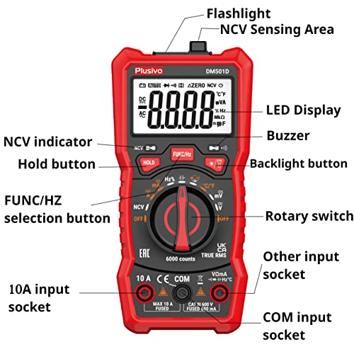 Plusivo EAN4897127010083 Multimeter 6000 Counts Digital Multimeter Auto Ranging Trms Ac Dc Voltmeter Ohm Volt Amp Ncv Diode Tester; Measures Voltage Current Resistance Temperature Frequency Buzzer thumb #6