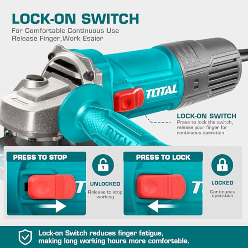Image of TOTAL Professional Angle Grinder Machine, 900W 125mm /5'' Disc Angle Grinder | 5000-11000 RPM Variable Speed, Copper Winding Motor, M14 Spindle, Lock-On Switch & Side Handle for Cutting and Grinding