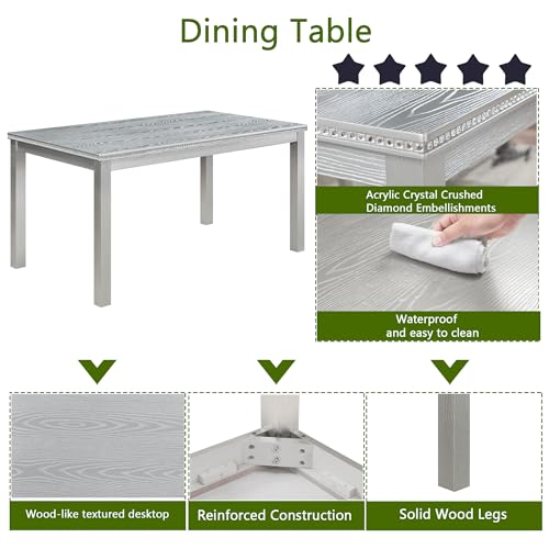 Image of KEIKI 6-Piece Standard Height Dining Table Set with Rectangular Table, 4 Upholstered Chair, Bench, for 6 Person, Crystal Decoration Table Set, Easy Assembly, for Kitchen, Dining Room, Silver Grey