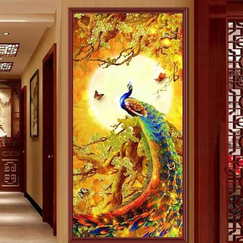 Toile peinture paon doré grand format 90x180 cm pour décoration murale chic