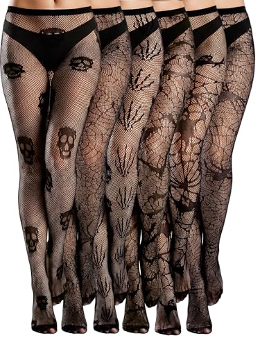 Image of Ramede 6 Pairs Women Fishnet Tights Thigh High Waist Bow Stockings Patterned Lace Fishnet Leggings Pantyhose for Halloween