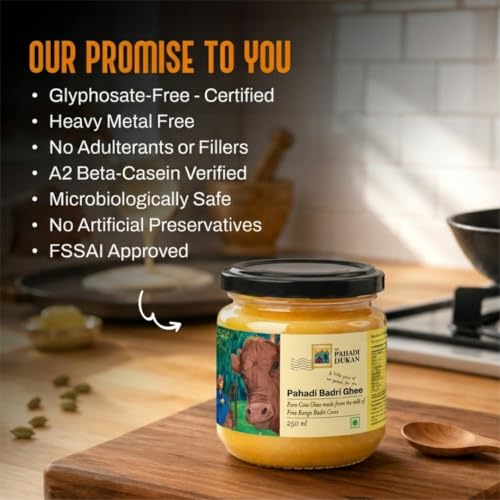 Image of My Pahadi Dukan A2 Badri Cow Ghee 250ml, Traditional Himalayan Bilona Desi Ghee, Free-Range Uttarakhand Pahadi Cows, No Additives, Pure Traditional Ghee, Certified Glyphosate-Free ghee, Glass Bottle