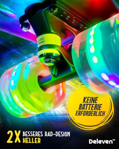 Deleven Skateboard mit LED Rollen, Skate Tool und ABEC 7 Lager - Kinder Erwachsene Anfänger - 56 cm