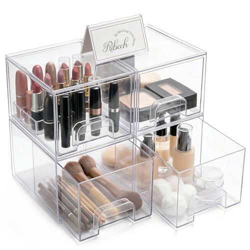 Ribech Juego de 4 Cajas con Cajón Apilables Transparentes – Organizadores de Acrílico Reforzado, con Asas y Patas de Silicona, para Cocina, Baño, Nevera, Estantería