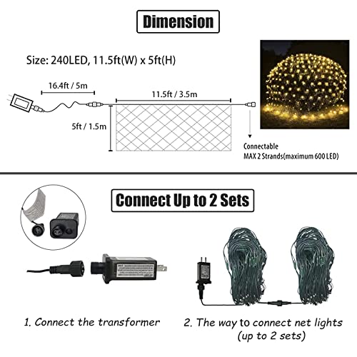11.5Ft X 5Ft Solar Net Lights, Outdoor Mesh Lights 240Led Waterproof 8 Mode With Remote 2 Power Supply String Lights Plug In For Bushes Trees Garden Wall Patio Christmas Indoor Decor (Warm White) #TOP6