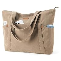 Lekespring Cord Tasche Damen, Groß Tote Bag Strandtasche mit Reißverschluss, Shopper Tasche Damen Laptoptasche mit 15.6 Zoll Laptopfach, Elegant Handtasche Umhängetasche für Arbeit Schule Gym-Khaki