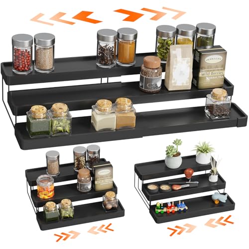 Expandable Spice Rack Organizer – 3 Tier Adjustable Spice Organizer for Cabinet & Countertop – Easy Visibility – Black