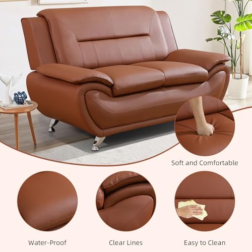 Image of Leather Sectional Couch, Furniture for Living Room, 3 - Piece Couch Set, Faux Leather Modern Sofa Loveseat Chair Set with Sturdy Legs for Living Room /Bedroom /Office,Bright Bronze