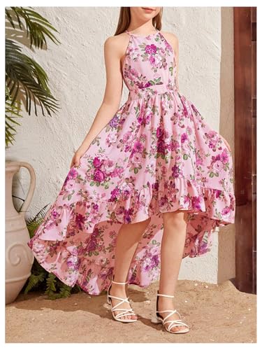 Verdusa Girl's Floral Print High Low Halter Dress Cut Out Back Sleeveless Ruffled Flowy Dress2
