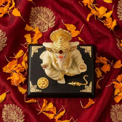 Image of Ganesha Idol for Home Decor | 4 Inch Golden Ganpati Murti with Stone Work | Resin Ganesh Ji Idol for Car Dashboard, Office Desk & Pooja Room | Vastu Decorative Statue (190g)