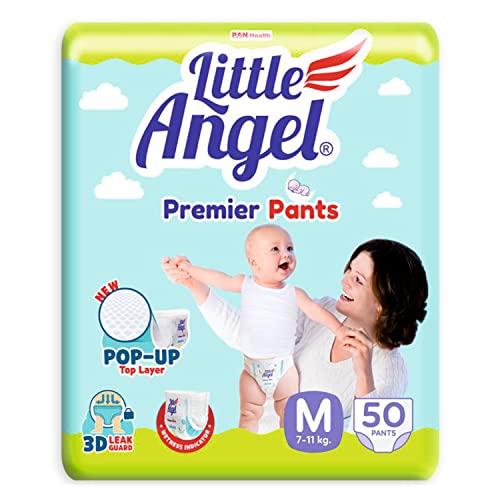 Image of Little Angel Premier Pants Baby Diapers, Medium (M) Size, 50 Count, Cottony Soft Material, Breathable, Extra Dry Core, Stretchable Sides, Pack of 1, 12-15 kgs