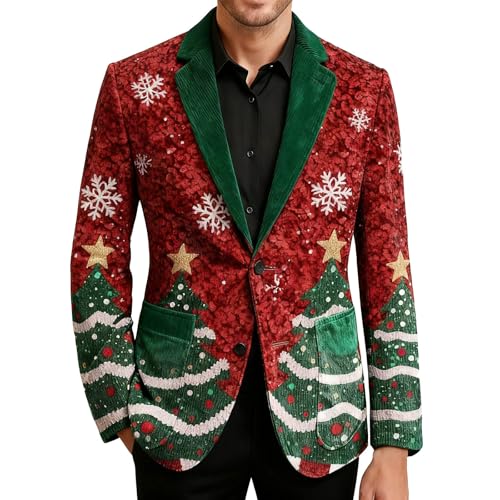 Weihnachtsmantel Herren Cord Retro Weihnachten Herrenjacke Button Down Weihnachtsmann Mantel Slim Fit Weihnachtsblazer Weihnachtsmotiv Weihnachtsjacken mit Taschen Wintermode Langarm Freizeitjacke