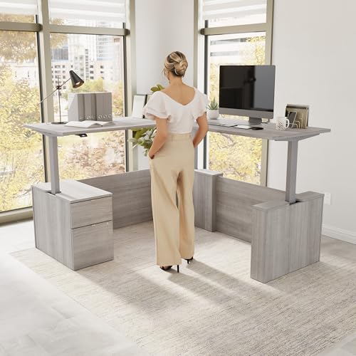 Image of Bush Business Furniture 72-inch Height Adjustable L Shaped Standing Desk with File Cabinet, Ergonomic Sit-Stand Computer Table for Office, Stratus Collection, Platinum Gray with Metallic Gray Base