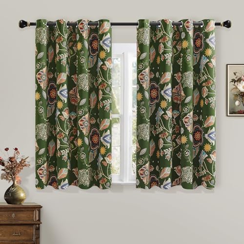 Image of XiDi Green Floral Curtains 63 Inches Long Vintage Patterned Blackout Drapes