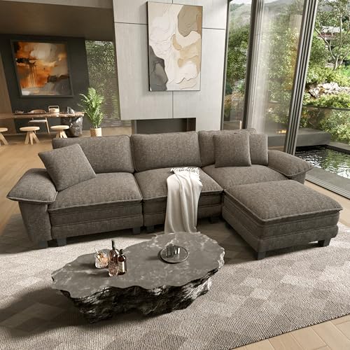 Image of HERA'S HOUSE 124 inch Oversized Modular Sectional L Shaped Sofa,Chenille Ash | 4-Seater Living Room Couches, Wider Armrest and Deep Seat, Comfy Cloud Couch with Ottoman, Light Gray
