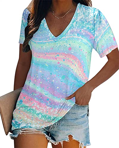 Women Tie Dye V-Neck Shirts Summer Vintage Tunic Tops Fashion Casual Swing Short Sleeve Shirts Blouse Soft Tee Light Blue