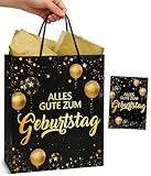 Geschenktüten Geburtstag Schwarz Gold, Geschenktüte mit Geburtstagskarte für Frau Mann Junge Mädchen, Geschenkverpackung Papiertüten mit Henkel und Seidenpapier - Alles Gute zum Geburtstag