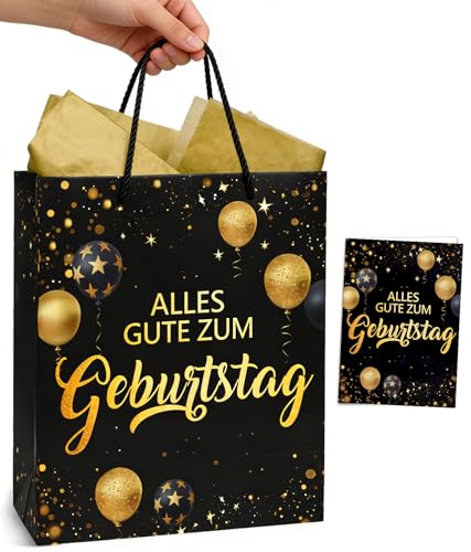 Geschenktüten Geburtstag Schwarz Gold, Geschenktüte mit Geburtstagskarte für Frau Mann Junge Mädchen, Geschenkverpackung Papiertüten mit Henkel und Seidenpapier - Alles Gute zum Geburtstag