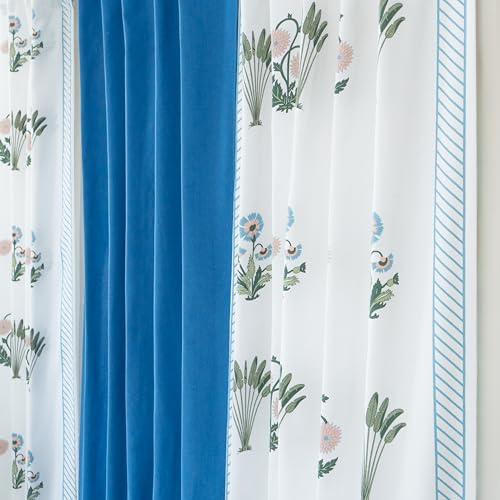 Image of Tranquebar Curtain Co. Window Curtains 5 Feet, 60-65% Room Darkening, Blue Ethnic Curtains Palms Print, Cotton Curtains for Window, Cotton Curtains 5 Feet Set of 3, BackTabs, Bagh Blue Combo (152 cm)