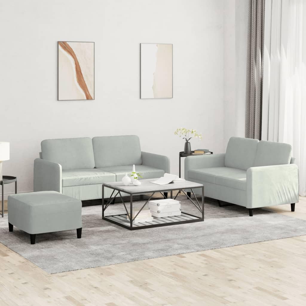 Juego de 3 sofás de terciopelo gris claro, 2 sofás de 2 plazas con reposapiés, diseño moderno, marco de metal resistente, acolchado cómodo para salón, opción en forma de L