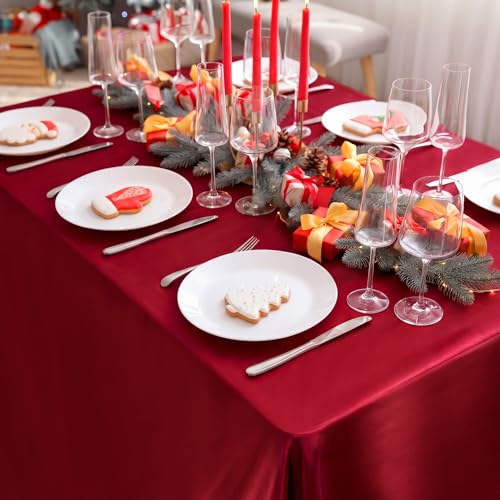 Image of TURSTIN 4 Pack Burgundy Satin Tablecloth 102 x 58 Inch Overlay Table Cover
