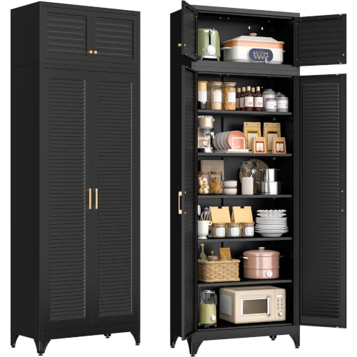 Image of Polup 90 inch Tall Metal Kitchen Pantry Storage Cabinet with Doors and Shelves | Black Heavy Duty Steel Cabinet,Golden Handle,5 Adjustable Shelves,Louvered Doors,Anti-tipping,2 packages,garage,Dining room