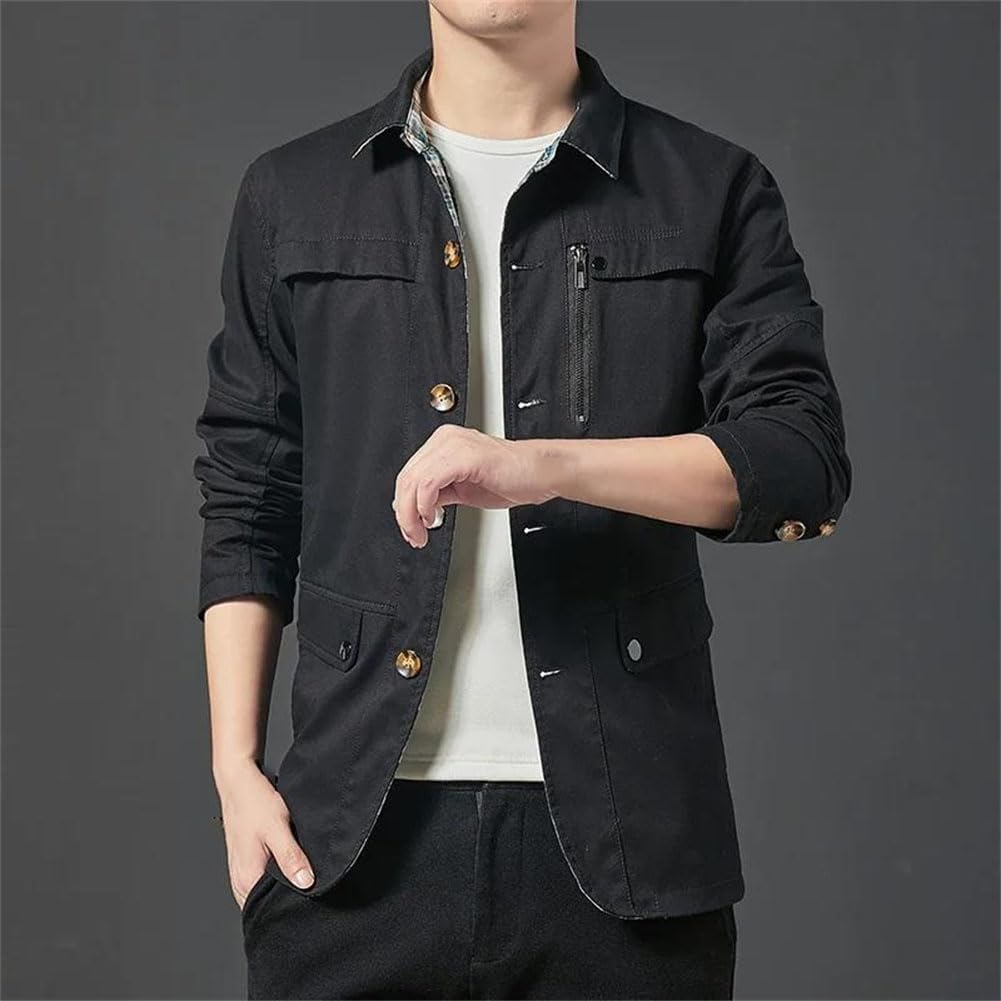 Disimlarl Men Casual Cargo Windbreaker Jackets Slim Fit Cotton Single Breasted Outwear Lapel Cottons Jackets Coat