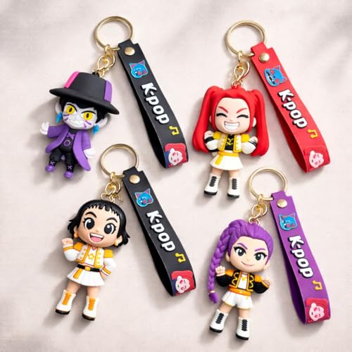 Image of Wanna Party Set of 4 Kpop Demon Hunters Cartoon Keychains for Boys and Girls, Cute Backpack Key Chain Accessories Wristlet chain Return Gift Items for Boys & Girls
