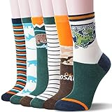 WELSOX Boys Kids Socks Cute Fun Crazy Crew Fashion Funny Gifts Novelty Stocking Stuffers Soft Cotton Socks 6 Pairs (Striped Dinosaur,5-8Y)