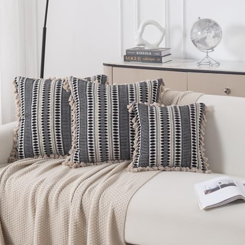 Image of HOKIPO 'Artisan Boho Series' Sofa Cushion Covers | 450 GSM Cotton Acrylic Jacquard | Tassel Design | 22x22 Inch (55x55 cm) | Pack of 2, Charcoal Black (IN-906-A3*2)