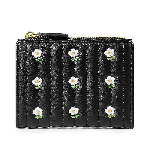 Mokoze Girls Wallet, Cute Wallet with Flower Pattern and ID Window Zipper Pocket Bifold Wallet for Travel, Shopping, Gift Giving and Daily Use (Black)