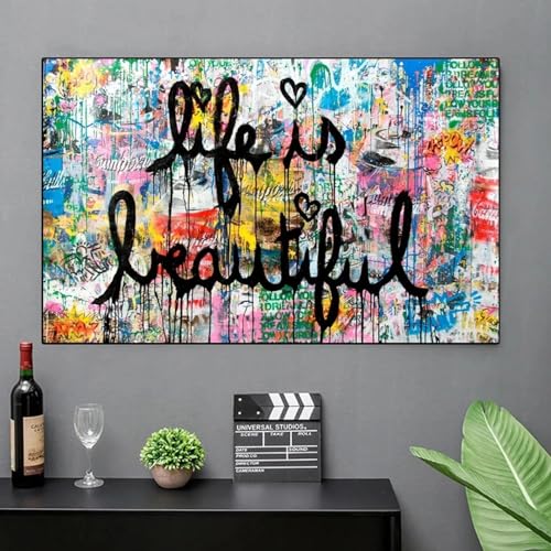 Toile graffiti La vie est belle 80x123 cm avec cadre intérieur pour décoration de salon moderne