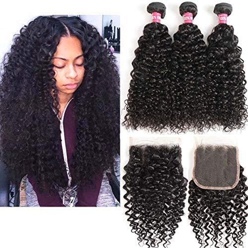 WENYU Hair Brazilian Virgin Curly Hair 3 Bundles with Lace Closure Free Part 100% Brazilian Kinky Curly Human Hair Bundles with 4x4 Lace Closure Natural Black (14 14 14 W 12 Closure)