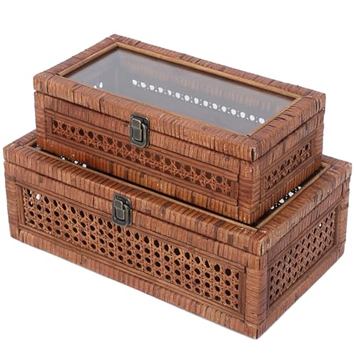 DECOR4SEASON Rattan and Cane Stacking Boxes with Glass Top Lid - Set of 2 11.8" and 14.1", for Boho and Rustic Farmhouse Decor, Brown