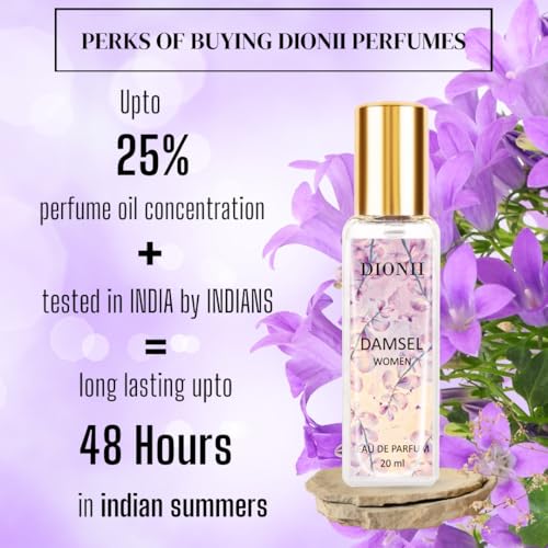 Image of Dionii DAMSEL Womens Eau De Parfum Perfume | Long Lasting Vanilla Fragrance With Apricot & Ylang Ylang, 20 ML