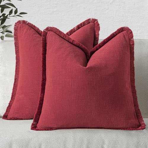 Image of MIULEE Boho Linen Fringe Decorative Throw Pillow Covers Burgundy 20x20