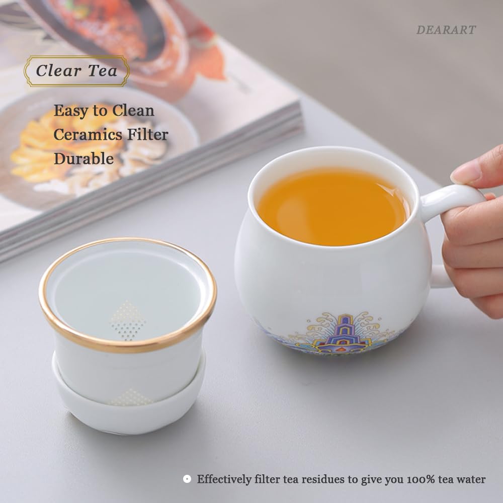 DEARART belle tasse à thé et couvercle filtre 300ml blanc porcelaine large bouche facile à nettoyer, garder le thé chaud, infusé feuilles mobiles sachet de thé, café, lait, chat mignon, blanc