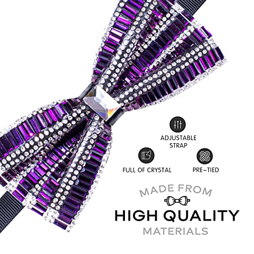 Image of Hi-Tie Pretied Bowtie Lapel Pin Set for Men Pocket Square Cufflinks 4PCS Bow Tie Set Mens Wedding Business Party, Crystal Purple White